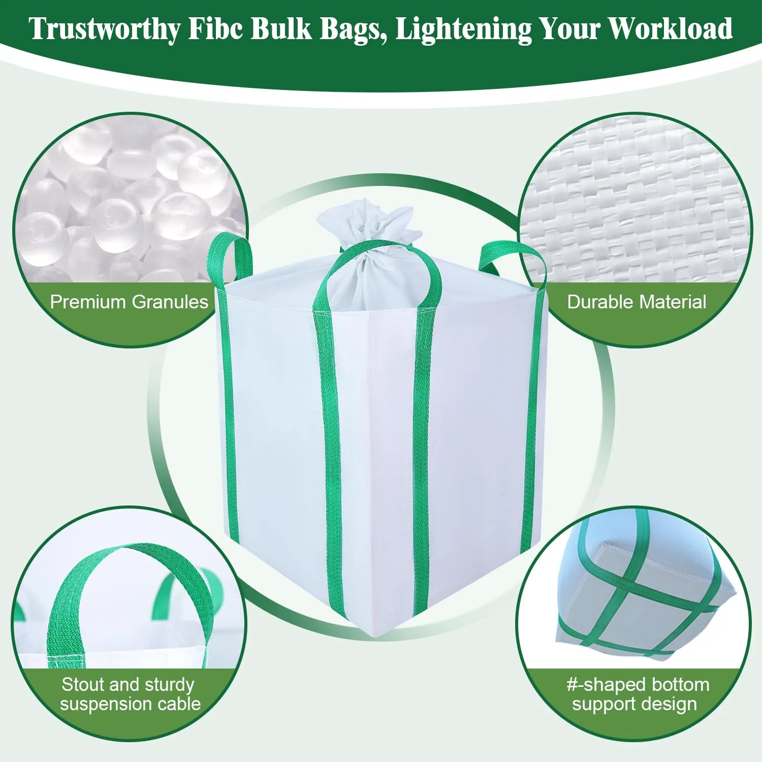 10 Pack FIBC Bulk Bag,2 Ton Bag,35"L x 35"W x 43"H,4400lbs SWL, Woven Polypropylene Bags,Duffle Top Flat Bottom,Heavy Duty Bulk Bag