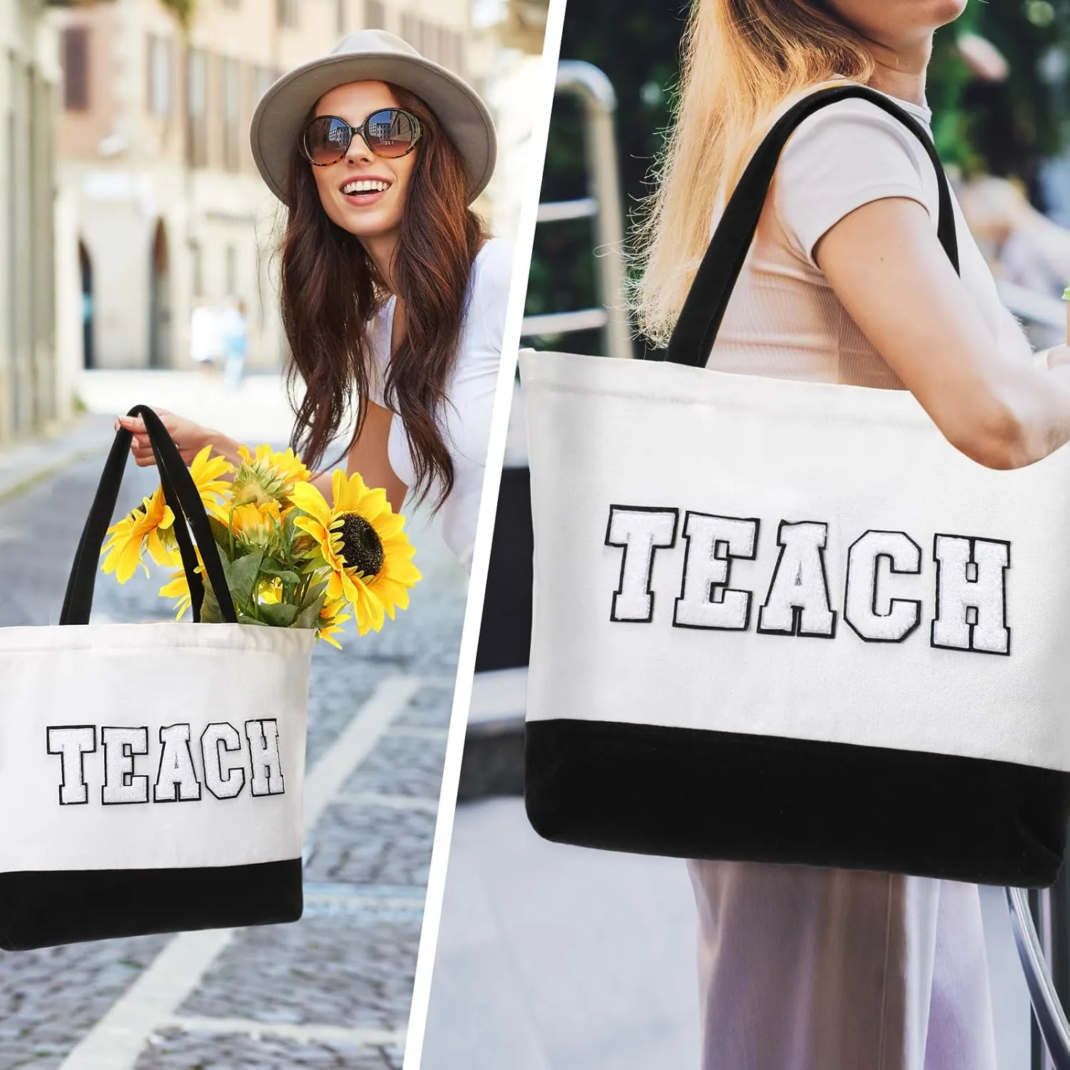 10 Pcs Teacher Tote Bags Women Teacher Appreciation End of the Year Gifts Canvas Letter Patches Handbag