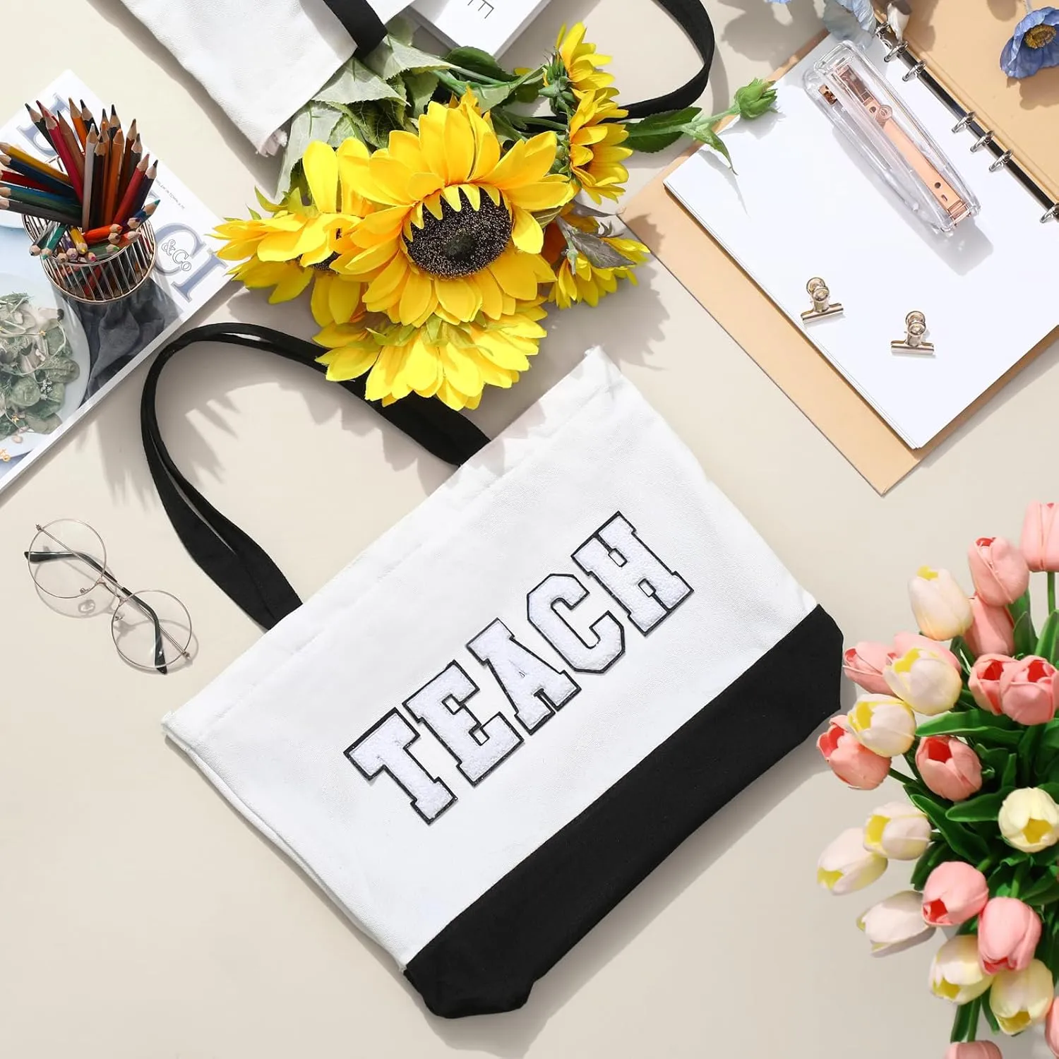 10 Pcs Teacher Tote Bags Women Teacher Appreciation End of the Year Gifts Canvas Letter Patches Handbag