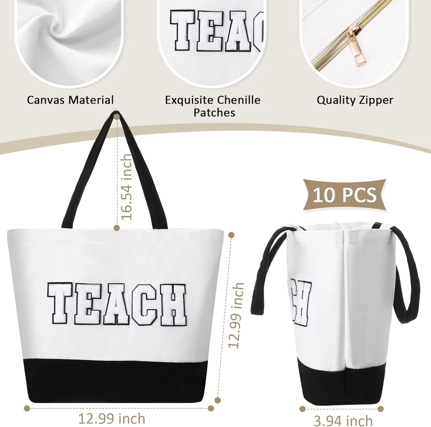 10 Pcs Teacher Tote Bags Women Teacher Appreciation End of the Year Gifts Canvas Letter Patches Handbag