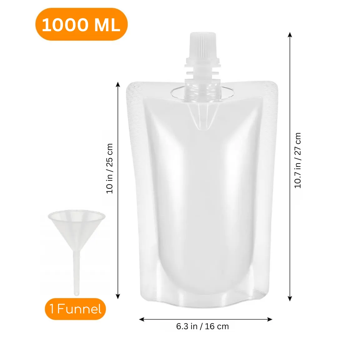 1000 ML Transparent Spout Pouch For Beverages Like Juice, Shake Etc. | Useful to store Handwash, Liquid Detergent And Any Other Liquid