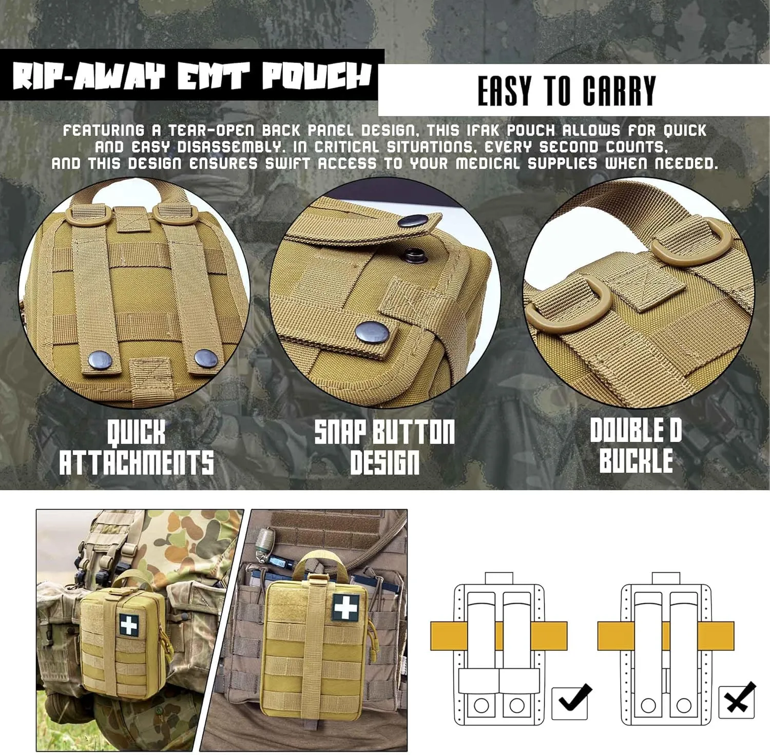 1000D Molle Ifak Pouch Rip Away, Tactical Tear Away Medical Pouch Empty, Military First Aid Pouch Bag Only for Camping Hiking Travel