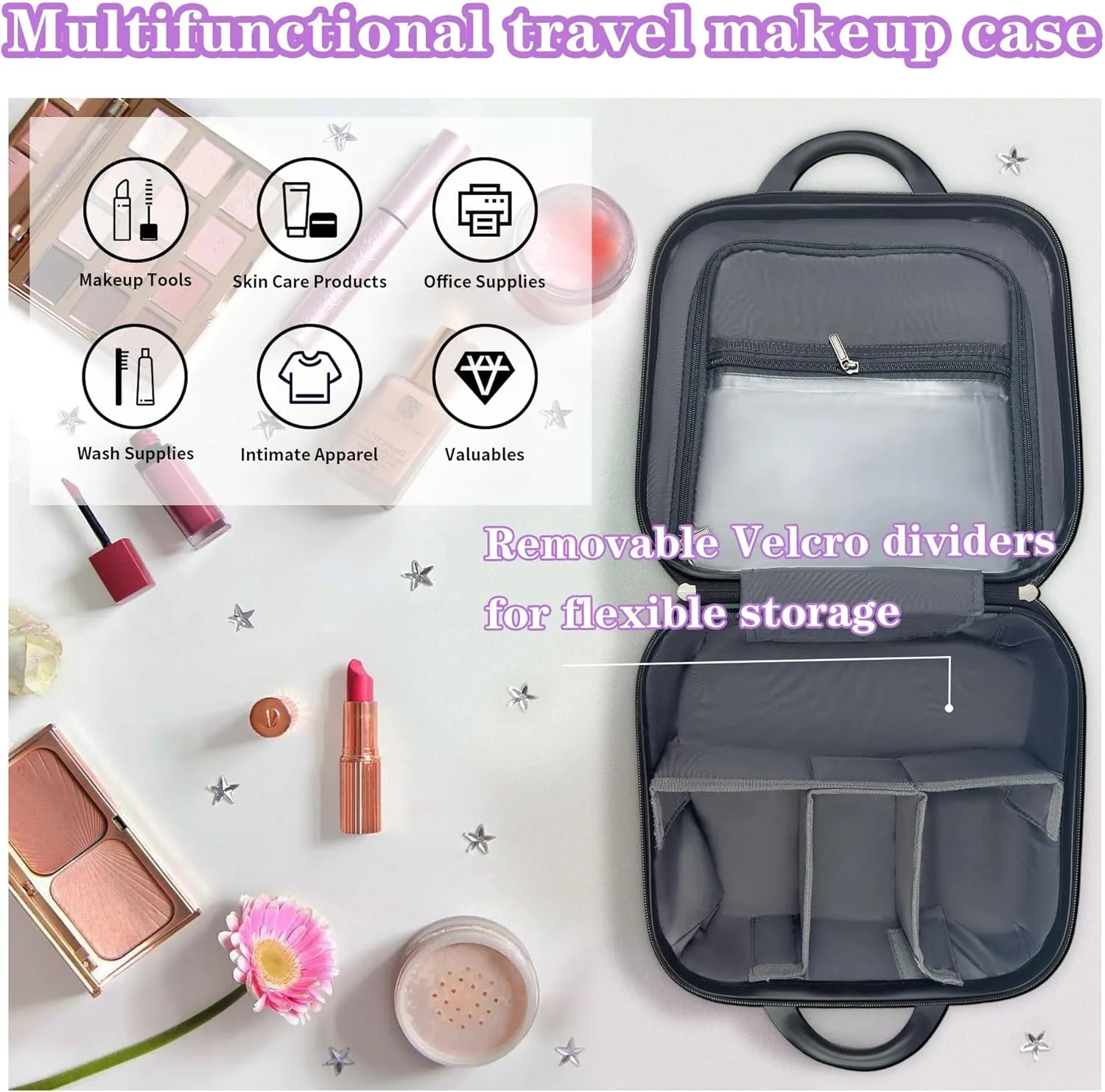 14" Portable Hard Shell Makeup Travel Case - Stylish PC ABS Cosmetic Organizer for Women - Scratch-Resistant, Elastic Strap, Mini Suitcase - Perfect for Romantic Gifts（Futuristic Purple）