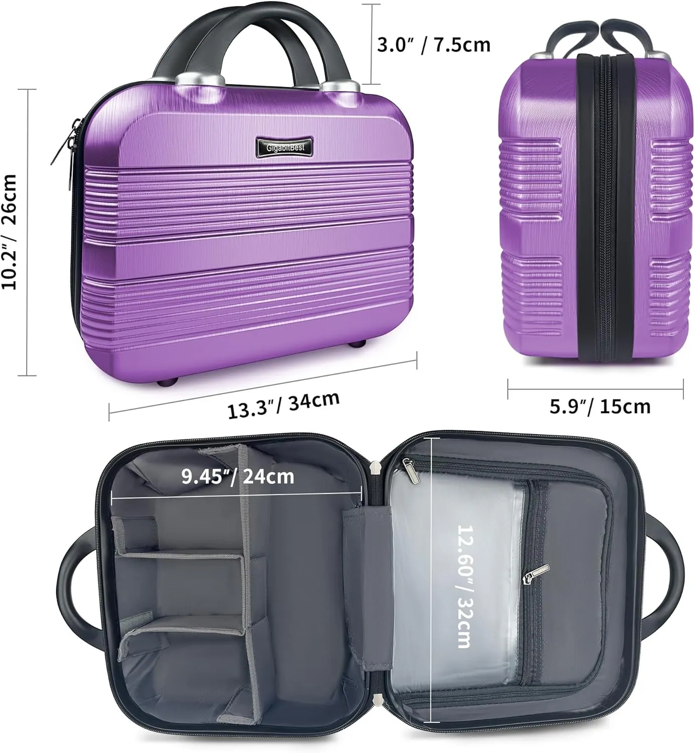 14" Portable Hard Shell Makeup Travel Case - Stylish PC ABS Cosmetic Organizer for Women - Scratch-Resistant, Elastic Strap, Mini Suitcase - Perfect for Romantic Gifts（Futuristic Purple）
