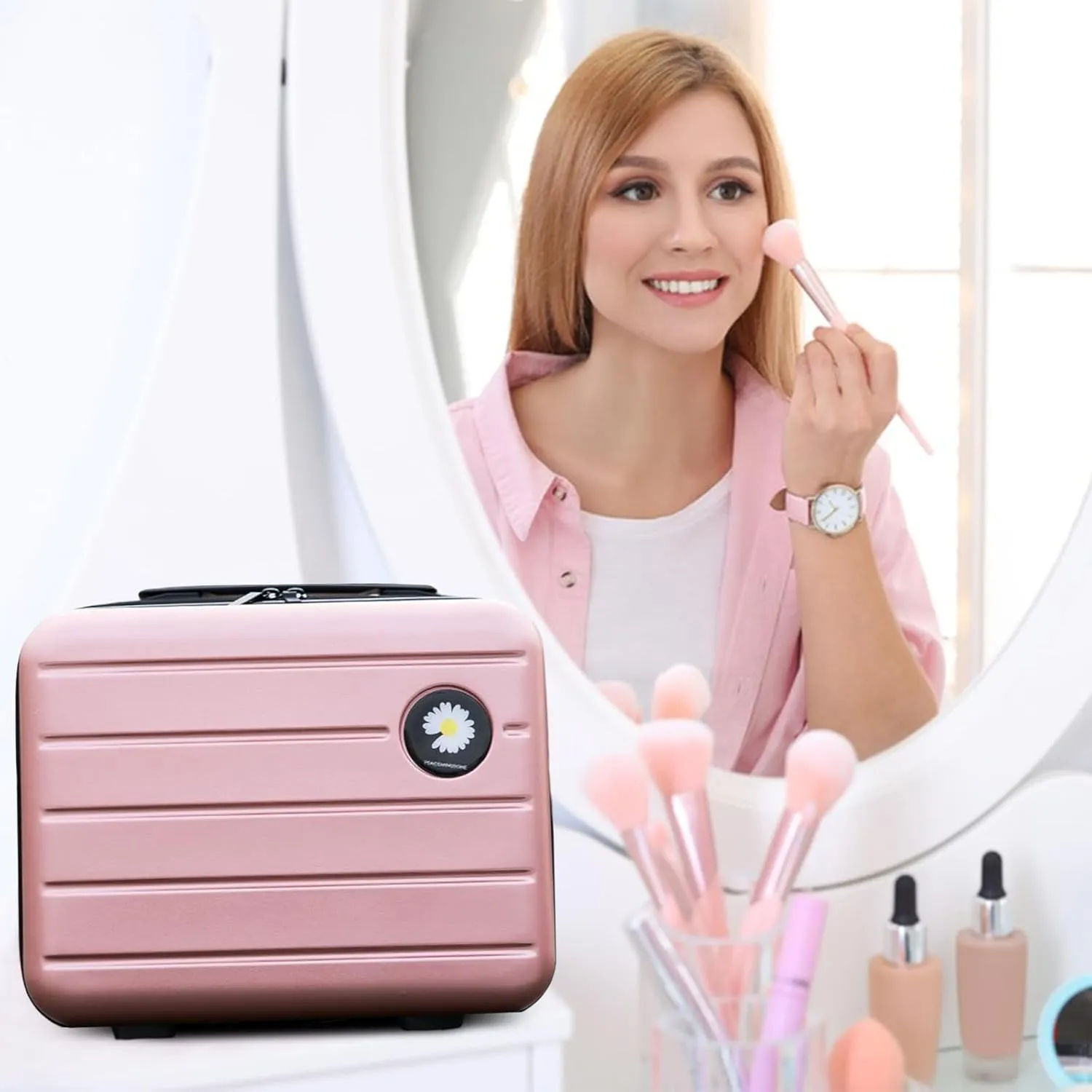 16 inches Large Capacity Hard Shell Cosmetic Case with Zipper and Handle Makeup Travel Case for Women Girl Rose gold