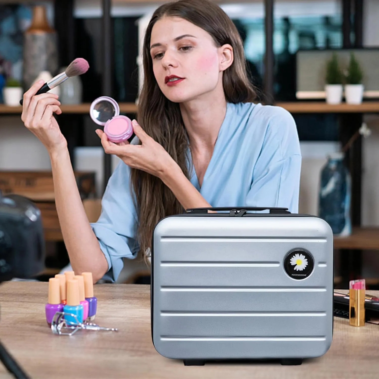 16 inches Large Capacity Hard Shell Cosmetic Case with Zipper and Handle Makeup Travel Case for Women Girl Silver gray