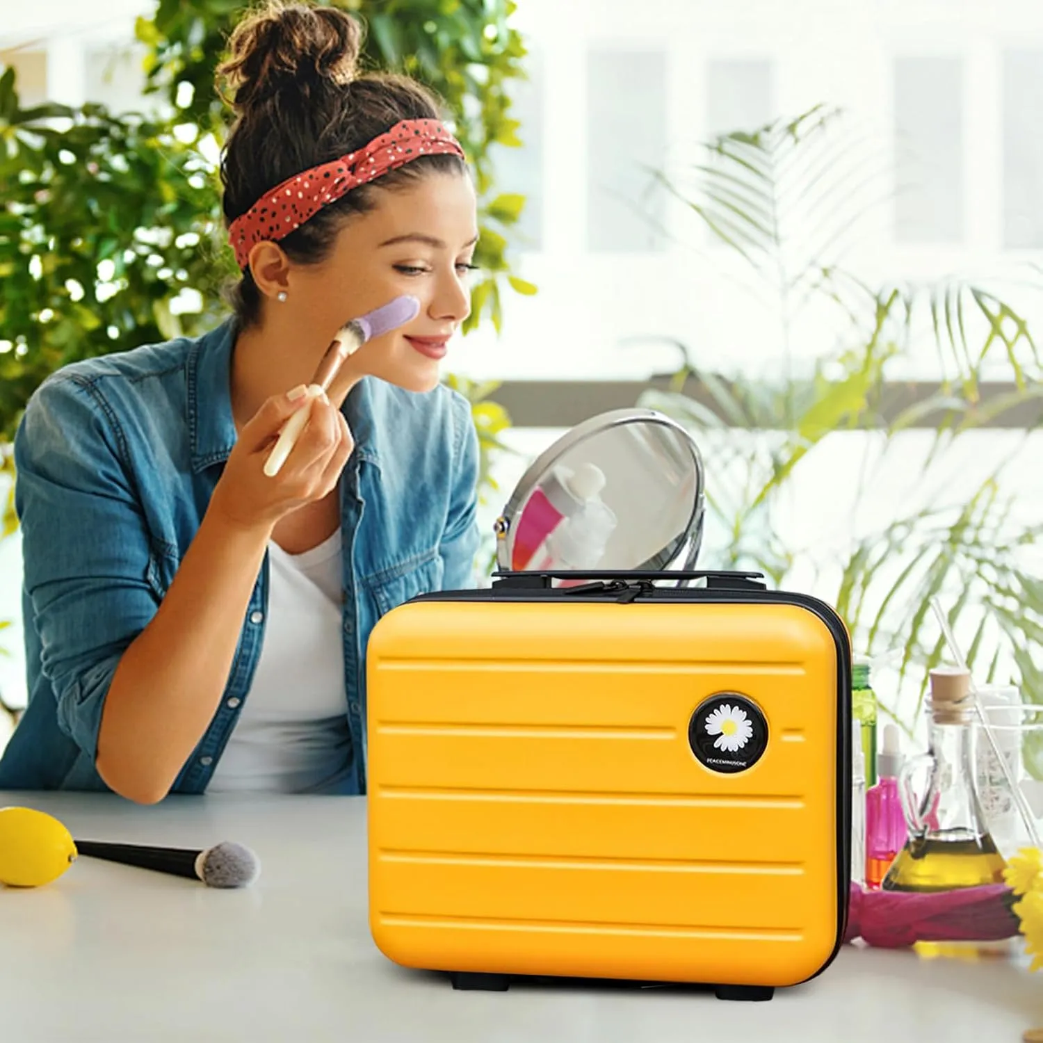 16 inches Large Capacity Hard Shell Cosmetic Case with Zipper and Handle Makeup Travel Case for Women Girl Yellow