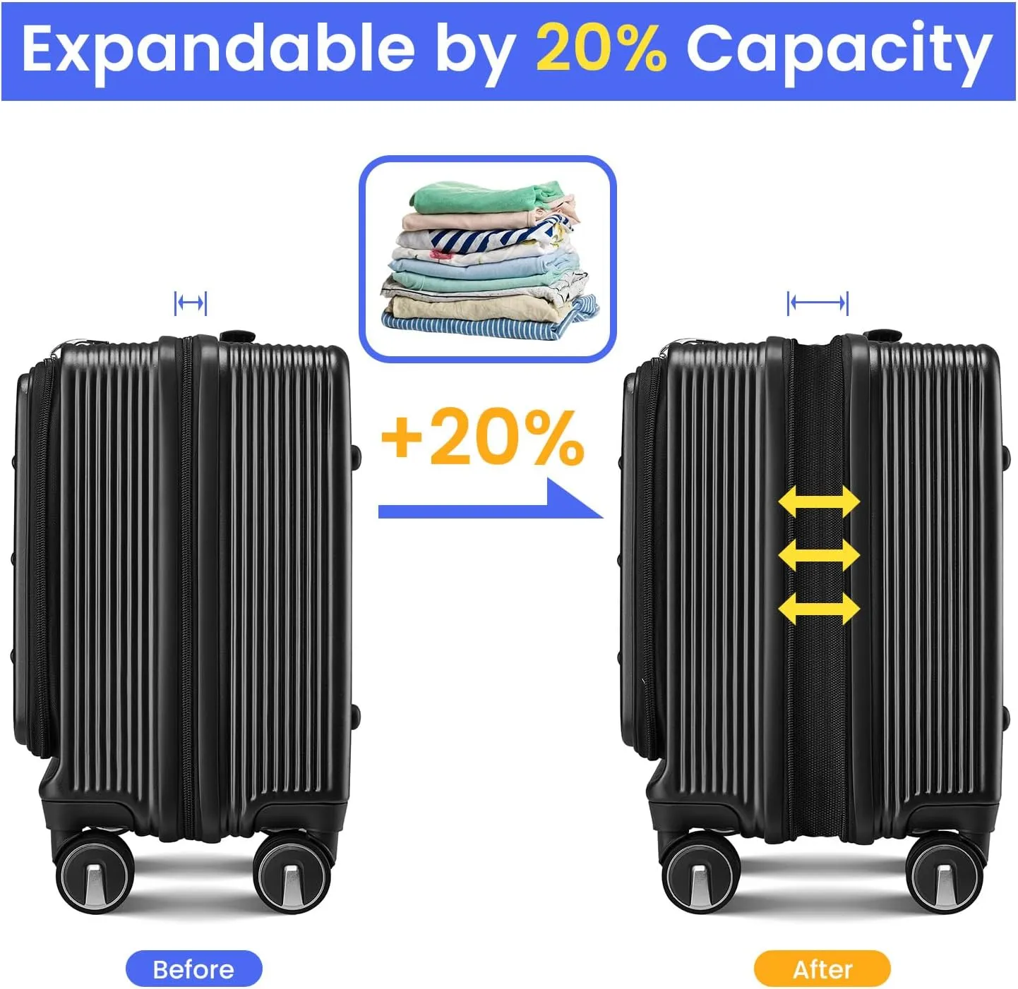 18" Carry On Luggage with Front Open Door &Laptop Interlayer, Hard Shell Suitcase Built-In TSA Luggage Lock, Hardside Lightweight PC Travel Suitcase for Women Men with Spinner Wheels Black
