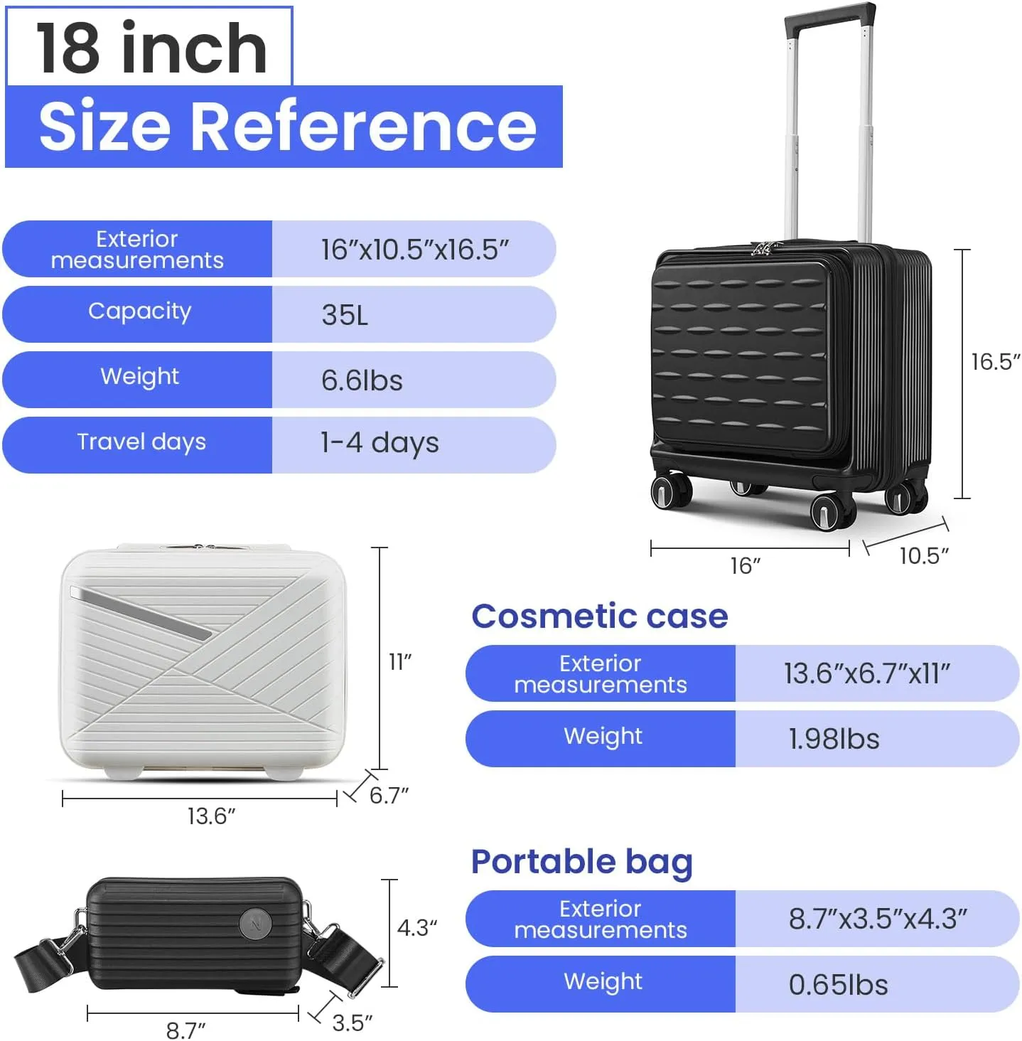 18" Carry On Luggage with Front Open Door &Laptop Interlayer, Hard Shell Suitcase Built-In TSA Luggage Lock, Hardside Lightweight PC Travel Suitcase for Women Men with Spinner Wheels Black