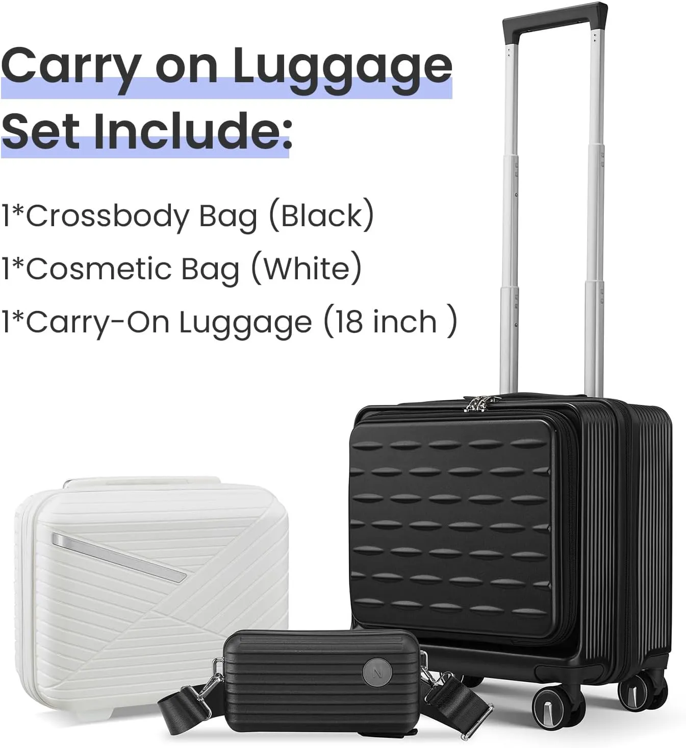 18" Carry On Luggage with Front Open Door &Laptop Interlayer, Hard Shell Suitcase Built-In TSA Luggage Lock, Hardside Lightweight PC Travel Suitcase for Women Men with Spinner Wheels Black