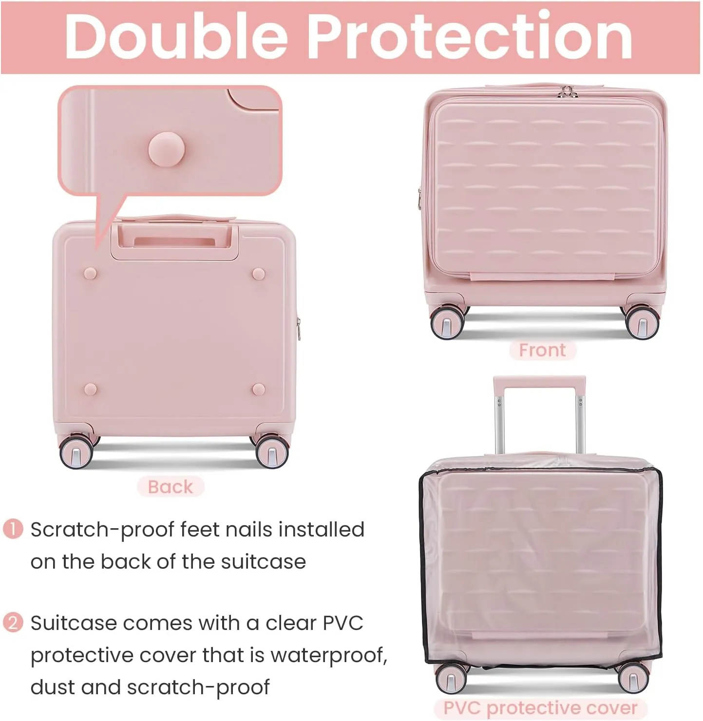 18" Carry On Luggage with Front Open Door &Laptop Interlayer, Hard Shell Suitcase Built-In TSA Luggage Lock, Hardside Lightweight PC Travel Suitcase for Women Men with Spinner Wheels Pink