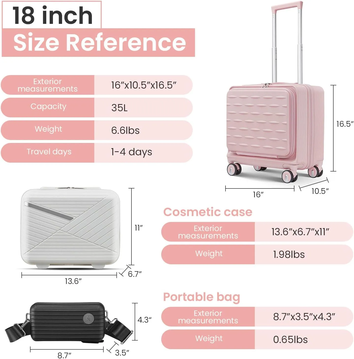 18" Carry On Luggage with Front Open Door &Laptop Interlayer, Hard Shell Suitcase Built-In TSA Luggage Lock, Hardside Lightweight PC Travel Suitcase for Women Men with Spinner Wheels Pink