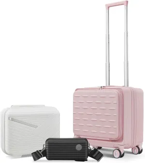 18" Carry On Luggage with Front Open Door &Laptop Interlayer, Hard Shell Suitcase Built-In TSA Luggage Lock, Hardside Lightweight PC Travel Suitcase for Women Men with Spinner Wheels Pink