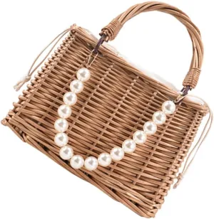 1Pc Fashionable Straw Handbag for Women Portable Beach Bag Pouch for Travel Shopping Vacation Durable Cloth Straw Material Stylish Accessory for Summer Outings