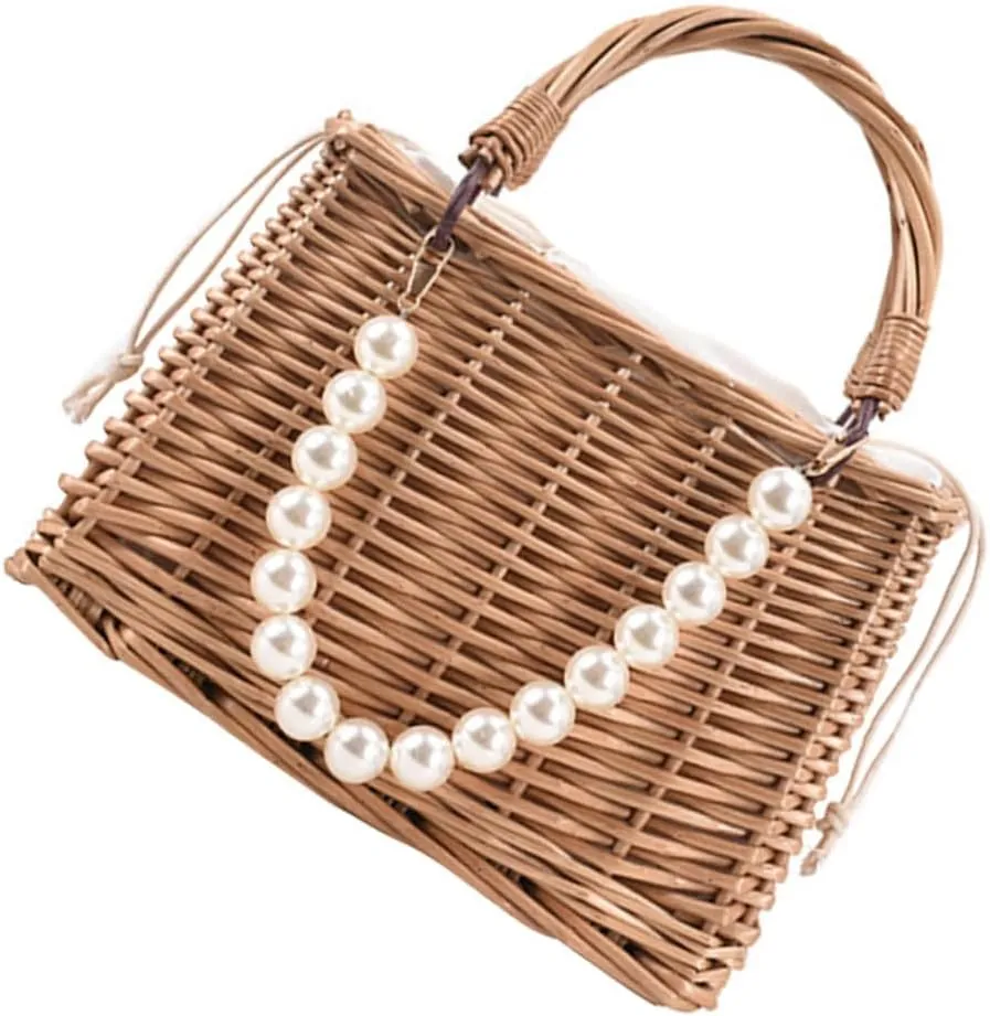 1Pc Fashionable Straw Handbag for Women Portable Beach Bag Pouch for Travel Shopping Vacation Durable Cloth Straw Material Stylish Accessory for Summer Outings