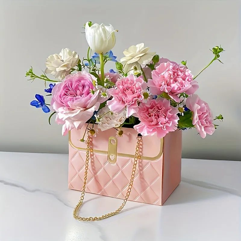 1pc Treat Bag, Paper Tote Bag, Metal Chain Storage Bag, Flowers Candy Biscuit Cookie Holiday Gift Bags, Gift Packing For Wedding Birthday Holiday Festivals Halloween Thanksgiving Christmas New Year