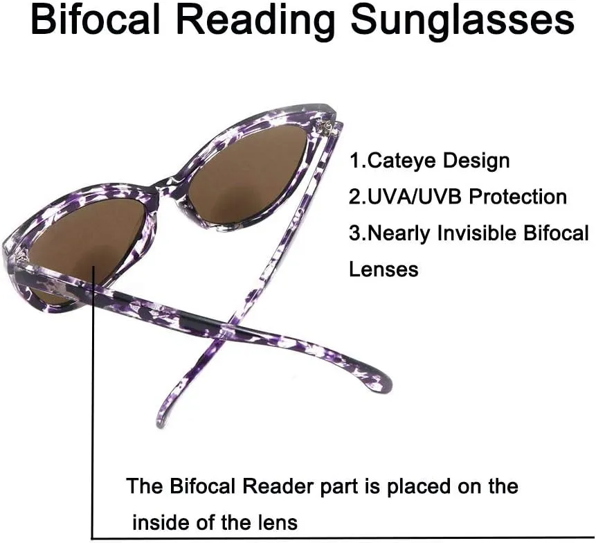 2 Pairs Nearly invisible Line Cateye Bifocal Reading Sunglasses for Women, Vintage Designer Sun Reader Glasses