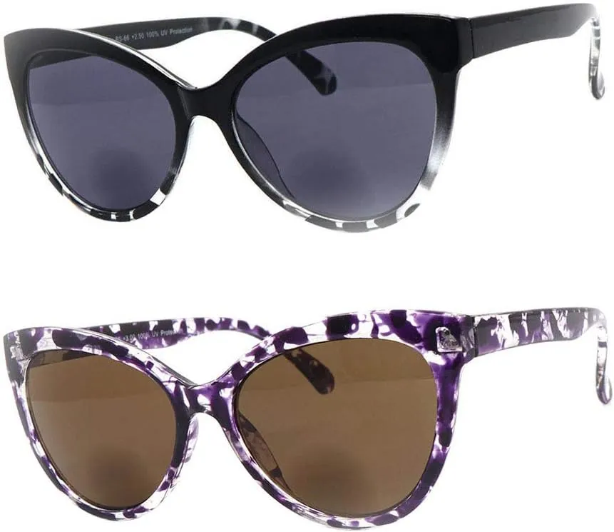 2 Pairs Nearly invisible Line Cateye Bifocal Reading Sunglasses for Women, Vintage Designer Sun Reader Glasses