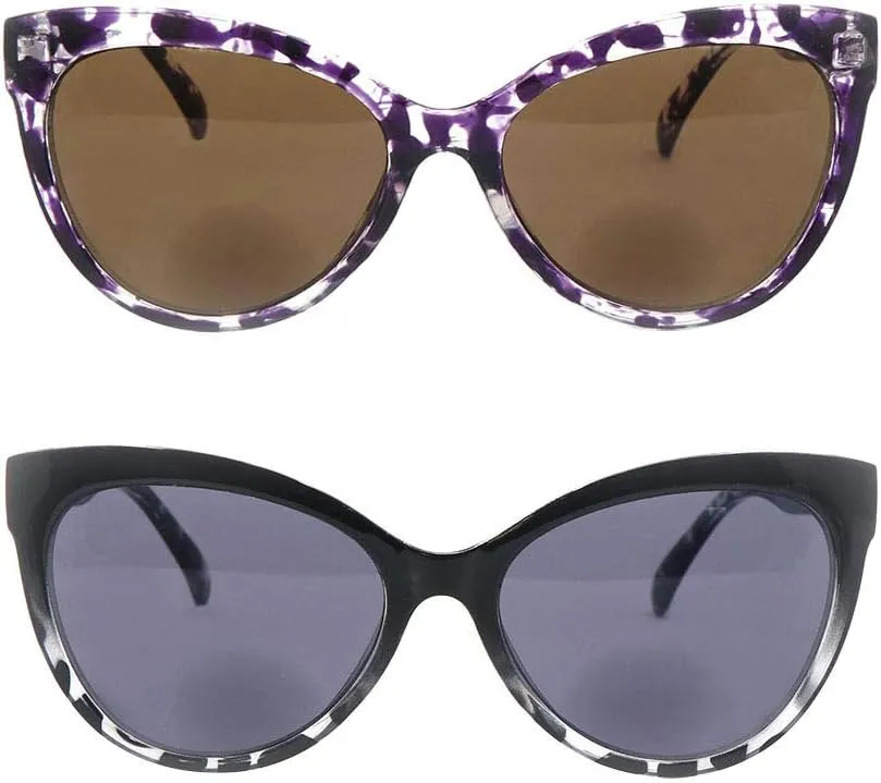 2 Pairs Nearly invisible Line Cateye Bifocal Reading Sunglasses for Women, Vintage Designer Sun Reader Glasses