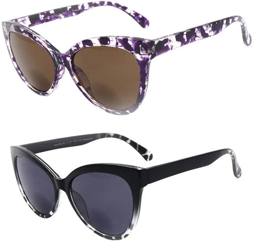 2 Pairs Nearly invisible Line Cateye Bifocal Reading Sunglasses for Women, Vintage Designer Sun Reader Glasses