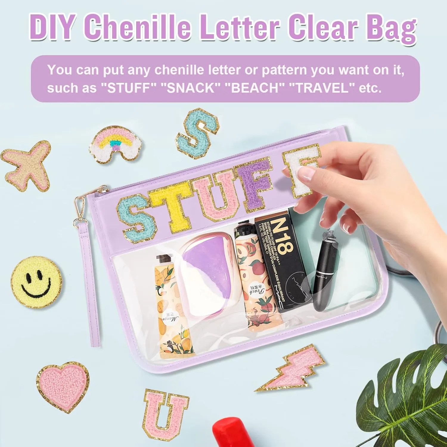 2 Pcs Clear PVC Flat Pouch, PU Travel Makeup Bag Clear Zipper Pouch with Wristlet, Small Clear Zipper Pouches for Travel Waterproof Portable Clear Toiletry Cosmetic Bag for Women Girls(Purple Pink)