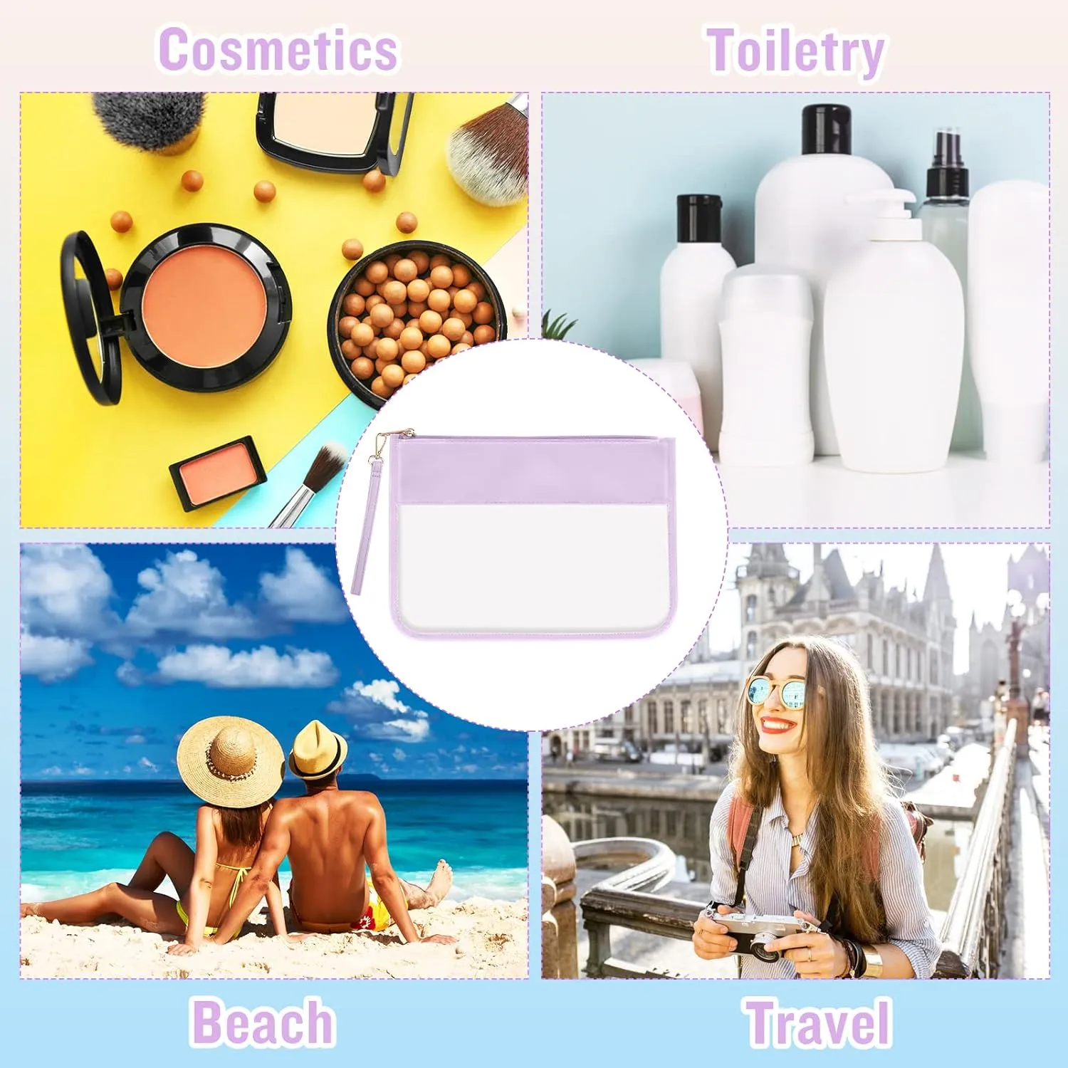 2 Pcs Clear PVC Flat Pouch, PU Travel Makeup Bag Clear Zipper Pouch with Wristlet, Small Clear Zipper Pouches for Travel Waterproof Portable Clear Toiletry Cosmetic Bag for Women Girls(Purple Pink)