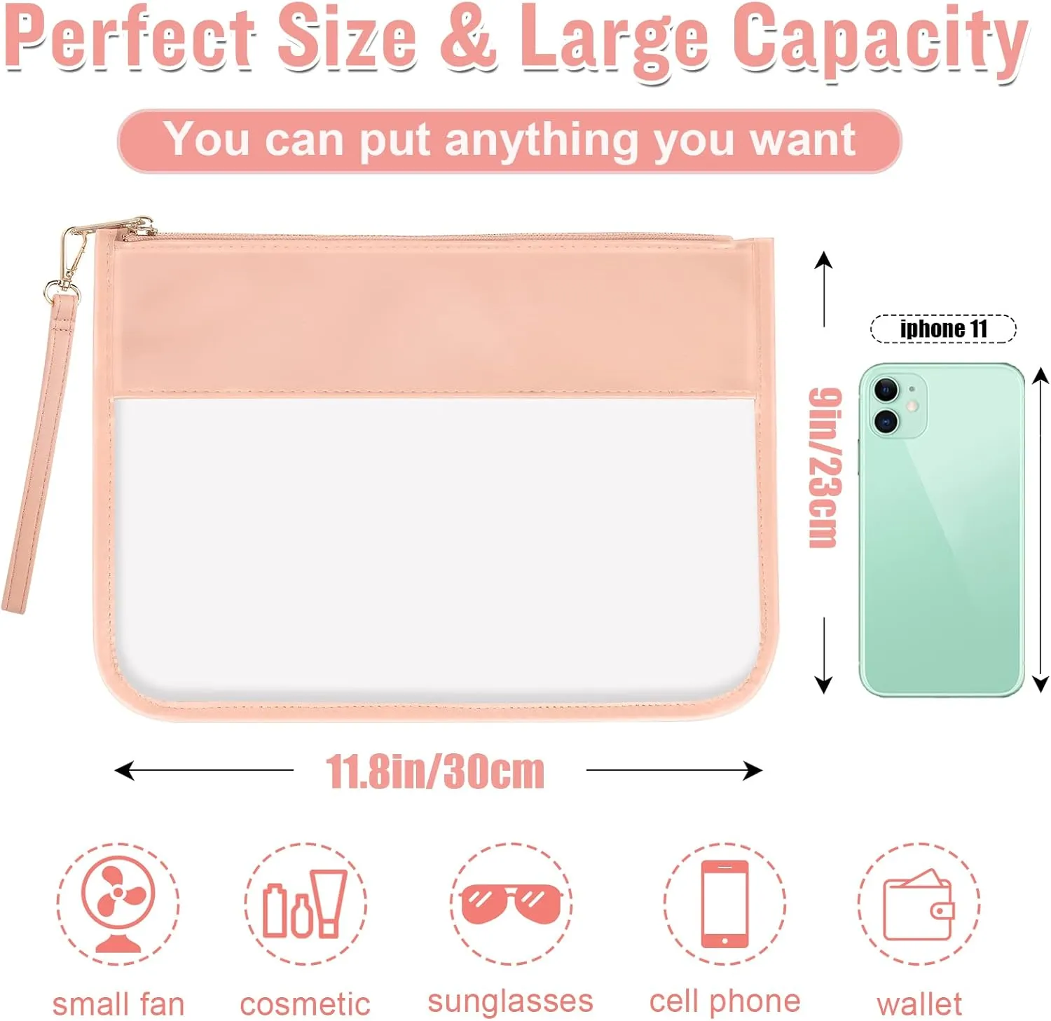 2 Pcs Clear PVC Flat Pouch, PU Travel Makeup Bag Clear Zipper Pouch with Wristlet, Small Clear Zipper Pouches for Travel Waterproof Portable Clear Toiletry Cosmetic Bag for Women Girls(Purple Pink)