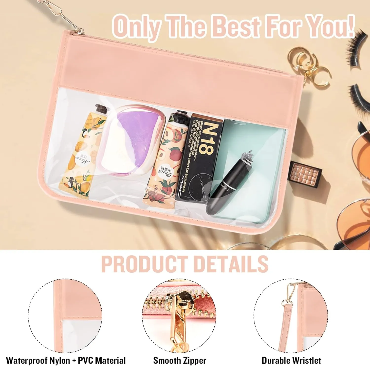 2 Pcs Clear PVC Flat Pouch, PU Travel Makeup Bag Clear Zipper Pouch with Wristlet, Small Clear Zipper Pouches for Travel Waterproof Portable Clear Toiletry Cosmetic Bag for Women Girls(Purple Pink)