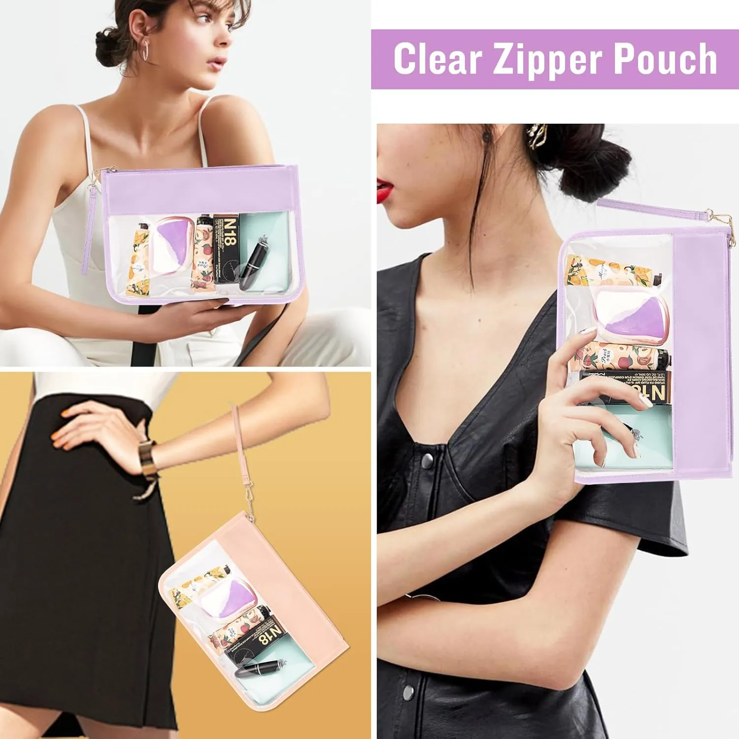 2 Pcs Clear PVC Flat Pouch, PU Travel Makeup Bag Clear Zipper Pouch with Wristlet, Small Clear Zipper Pouches for Travel Waterproof Portable Clear Toiletry Cosmetic Bag for Women Girls(Purple Pink)