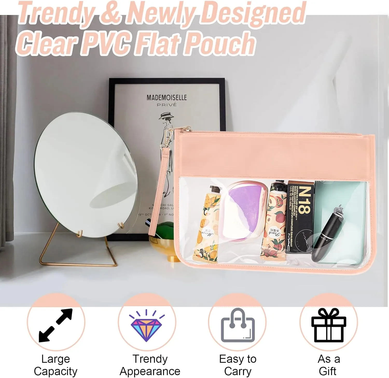 2 Pcs Clear PVC Flat Pouch, PU Travel Makeup Bag Clear Zipper Pouch with Wristlet, Small Clear Zipper Pouches for Travel Waterproof Portable Clear Toiletry Cosmetic Bag for Women Girls(Purple Pink)