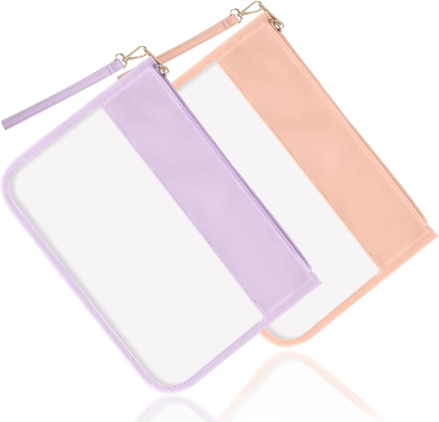 2 Pcs Clear PVC Flat Pouch, PU Travel Makeup Bag Clear Zipper Pouch with Wristlet, Small Clear Zipper Pouches for Travel Waterproof Portable Clear Toiletry Cosmetic Bag for Women Girls(Purple Pink)
