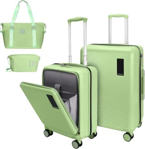 2 Piece Luggage Sets with Spinner Wheels Front Open Pocket, ABS PC Suitcase with TSA Lock & YKK Zipper, Carry On 20/24 inch Medium  Toiletry Bag Handbag, Light Avocado Green