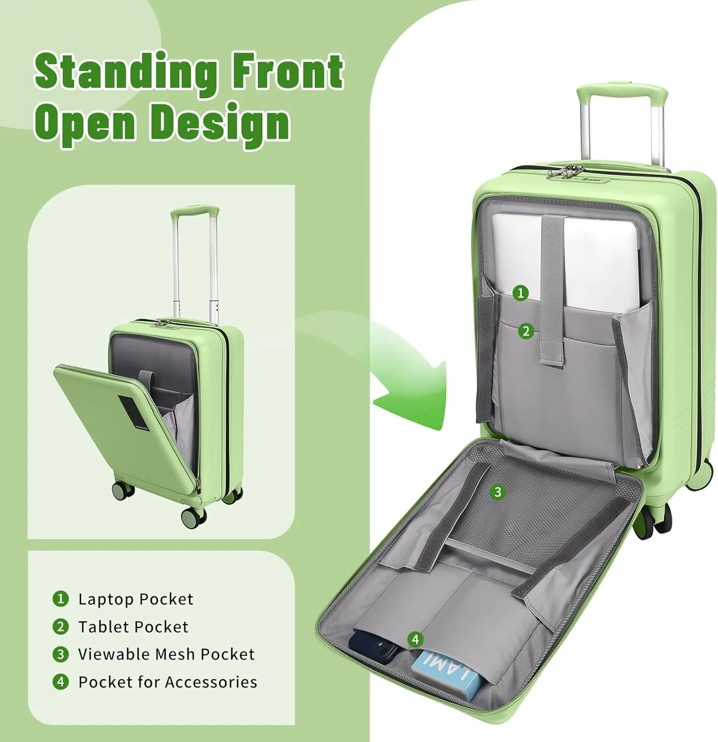 2 Piece Luggage Sets with Spinner Wheels Front Open Pocket, ABS PC Suitcase with TSA Lock & YKK Zipper, Carry On 20/24 inch Medium  Toiletry Bag Handbag, Light Avocado Green