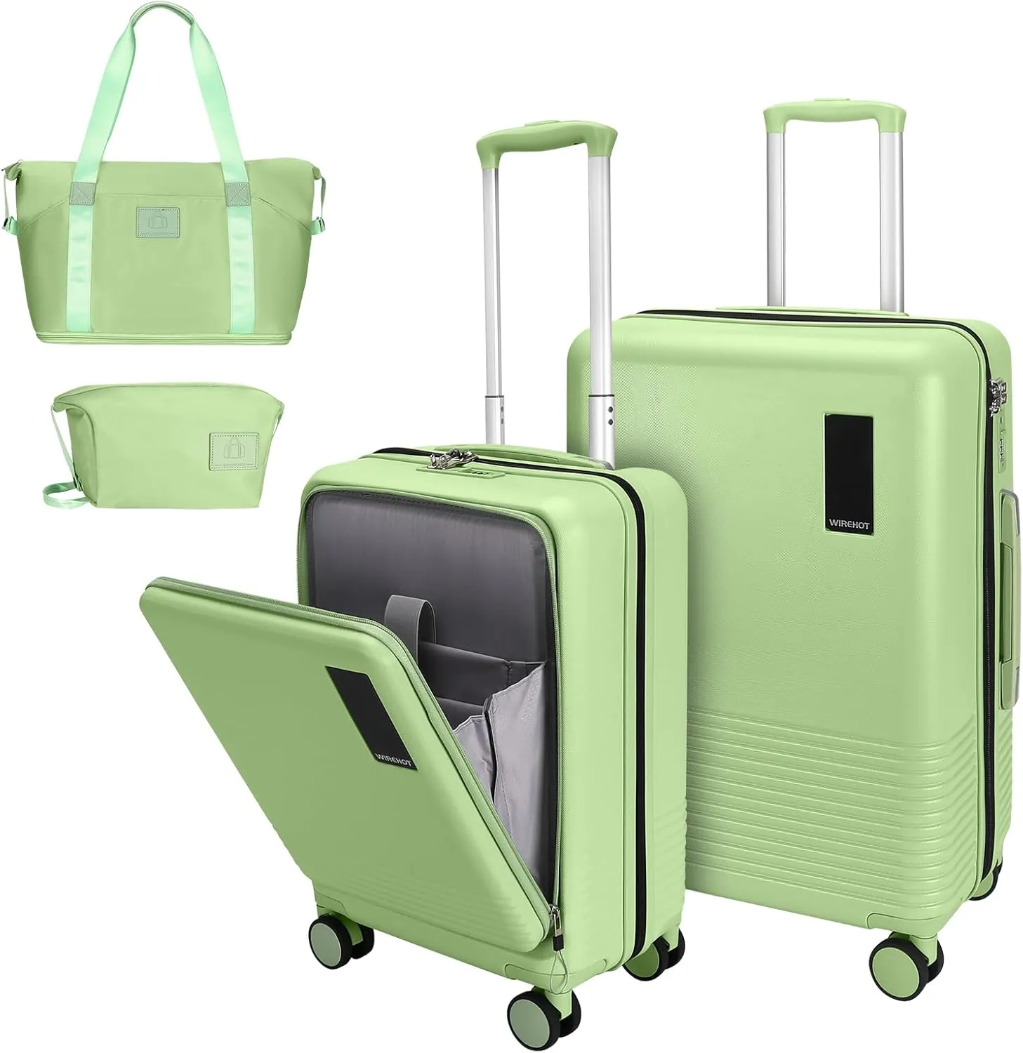 2 Piece Luggage Sets with Spinner Wheels Front Open Pocket, ABS PC Suitcase with TSA Lock & YKK Zipper, Carry On 20/24 inch Medium  Toiletry Bag Handbag, Light Avocado Green