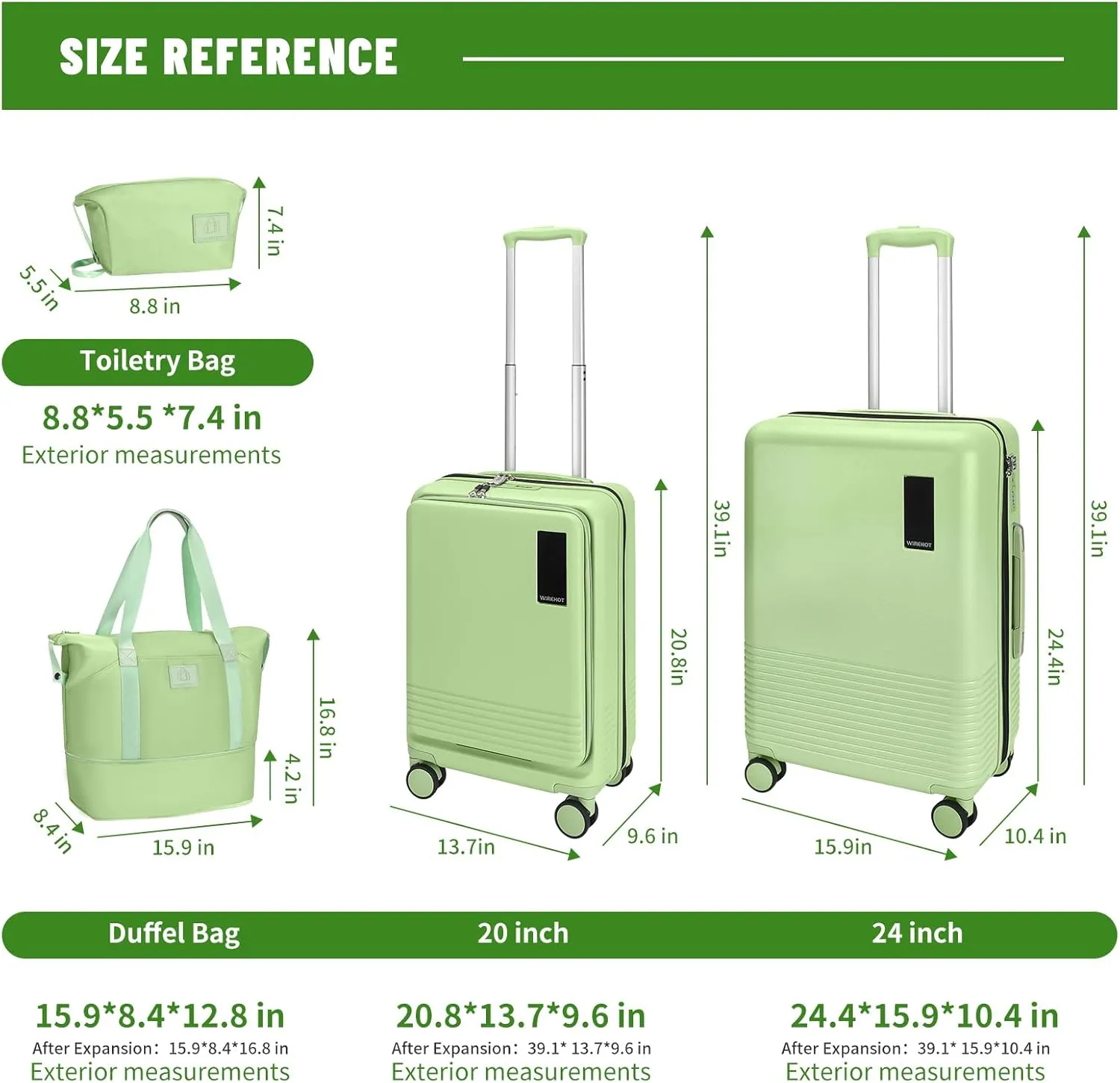 2 Piece Luggage Sets with Spinner Wheels Front Open Pocket, ABS PC Suitcase with TSA Lock & YKK Zipper, Carry On 20/24 inch Medium  Toiletry Bag Handbag, Light Avocado Green