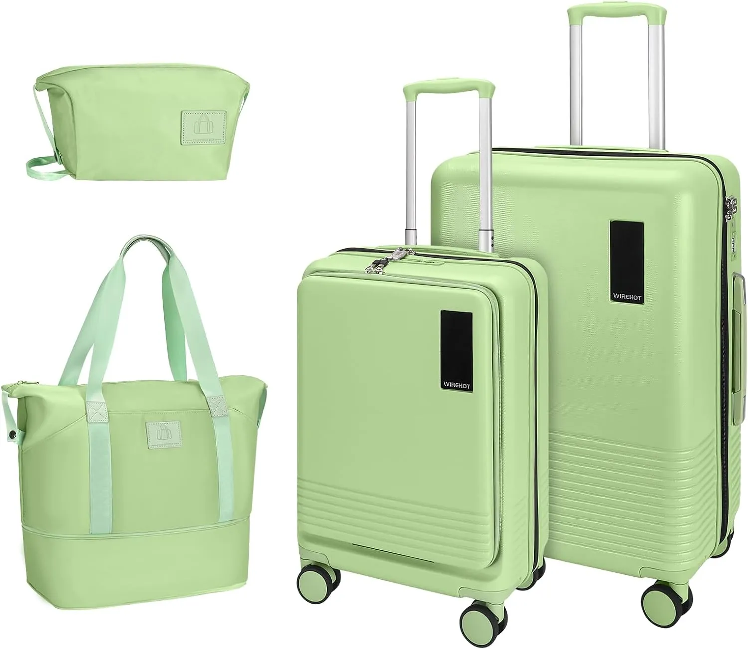2 Piece Luggage Sets with Spinner Wheels Front Open Pocket, ABS PC Suitcase with TSA Lock & YKK Zipper, Carry On 20/24 inch Medium  Toiletry Bag Handbag, Light Avocado Green