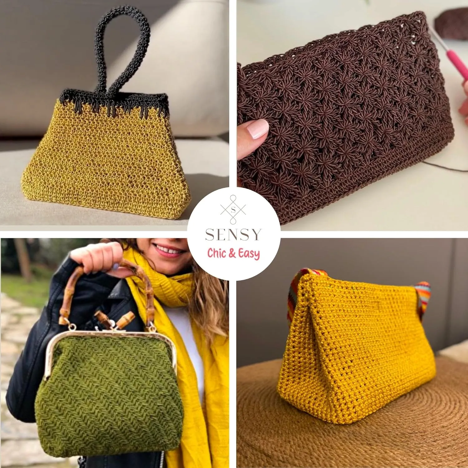 2 Skeins of Sensy Premium Chic & Easy 1.5mm 218 Yards 50% Cotton 50% Polyester Rope Crochet Bag Cord Crochet Thread (Mustard)