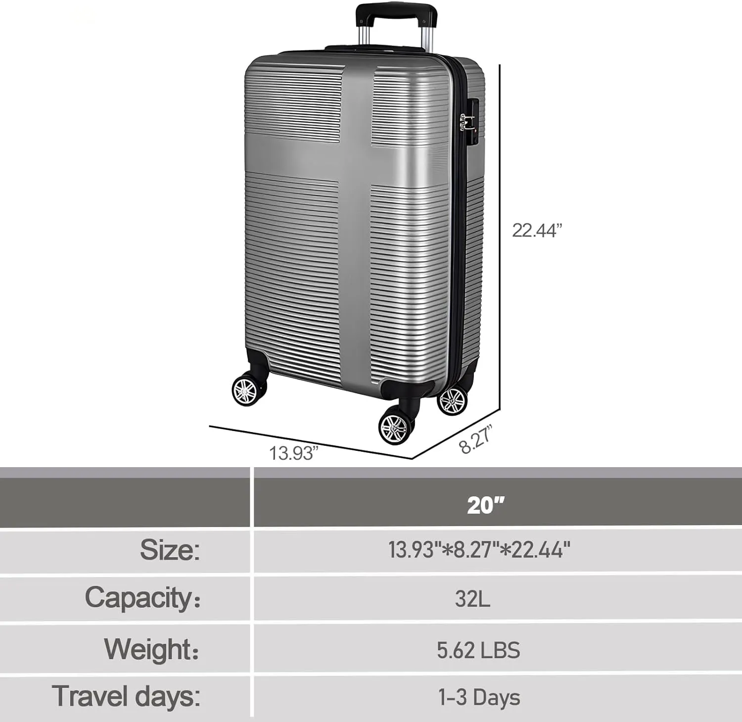 20 Inch Carry on Luggage 22x14x9 Airline Approved, Hard Shell Suitcase with Spinner Wheels, Lightweight Rolling Luggage for Travel,Silver Grey