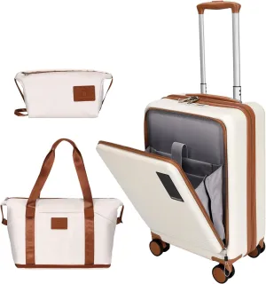 20 inch Small Carry On Luggage Front Open with Laptop Pocket, ABS PC Hard Shell Suitcase with Spinner Wheels TSA Lock & YKK Zipper, 20in/Toiletry Bag/Handbag, Apricot Off White