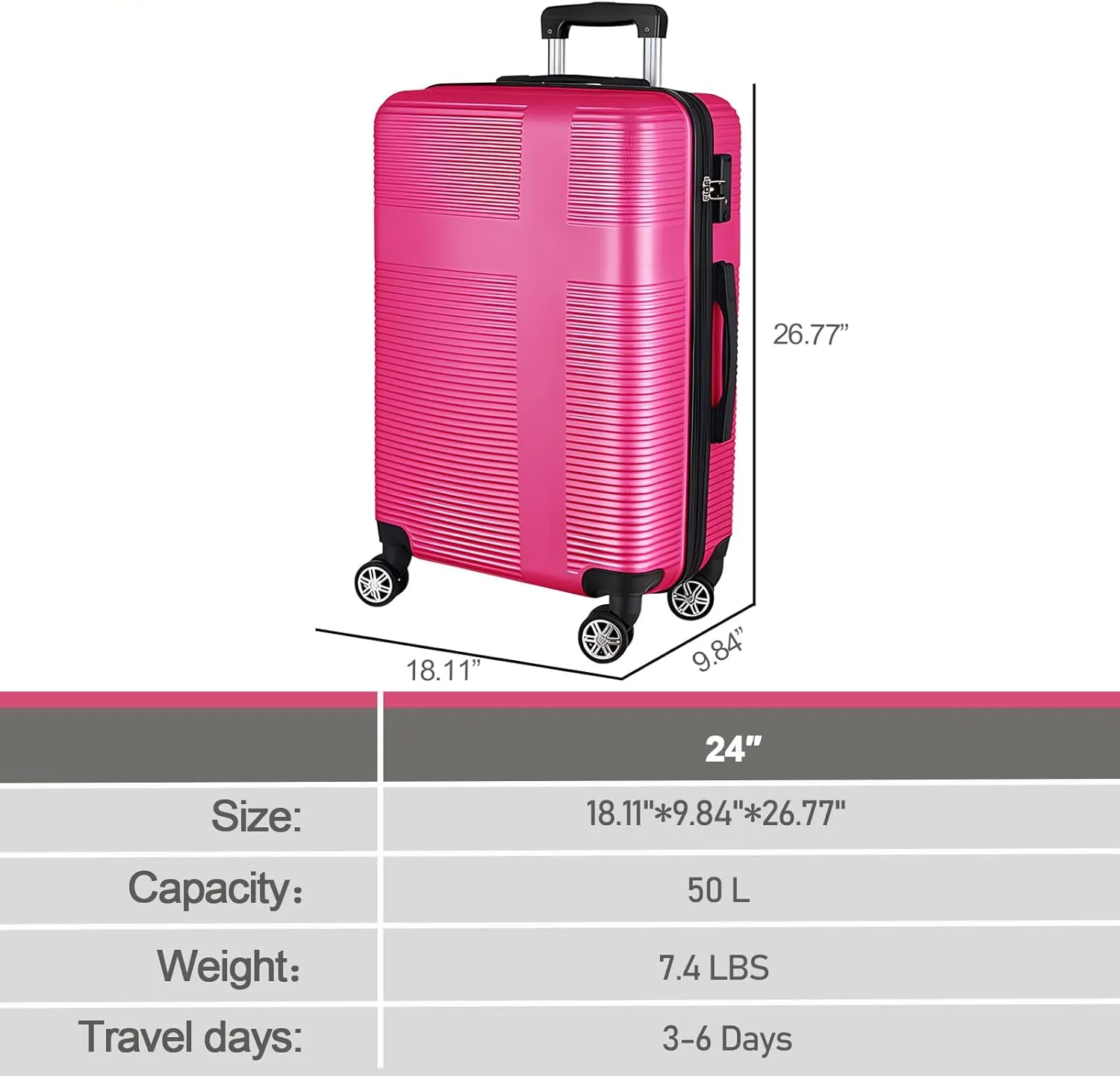 24 Inch Luggage with Spinner Wheels,Lightweight Hardside Medium Checked Suitcase for Travel, Hardshell Carry On Suit Case 24",Rose Red