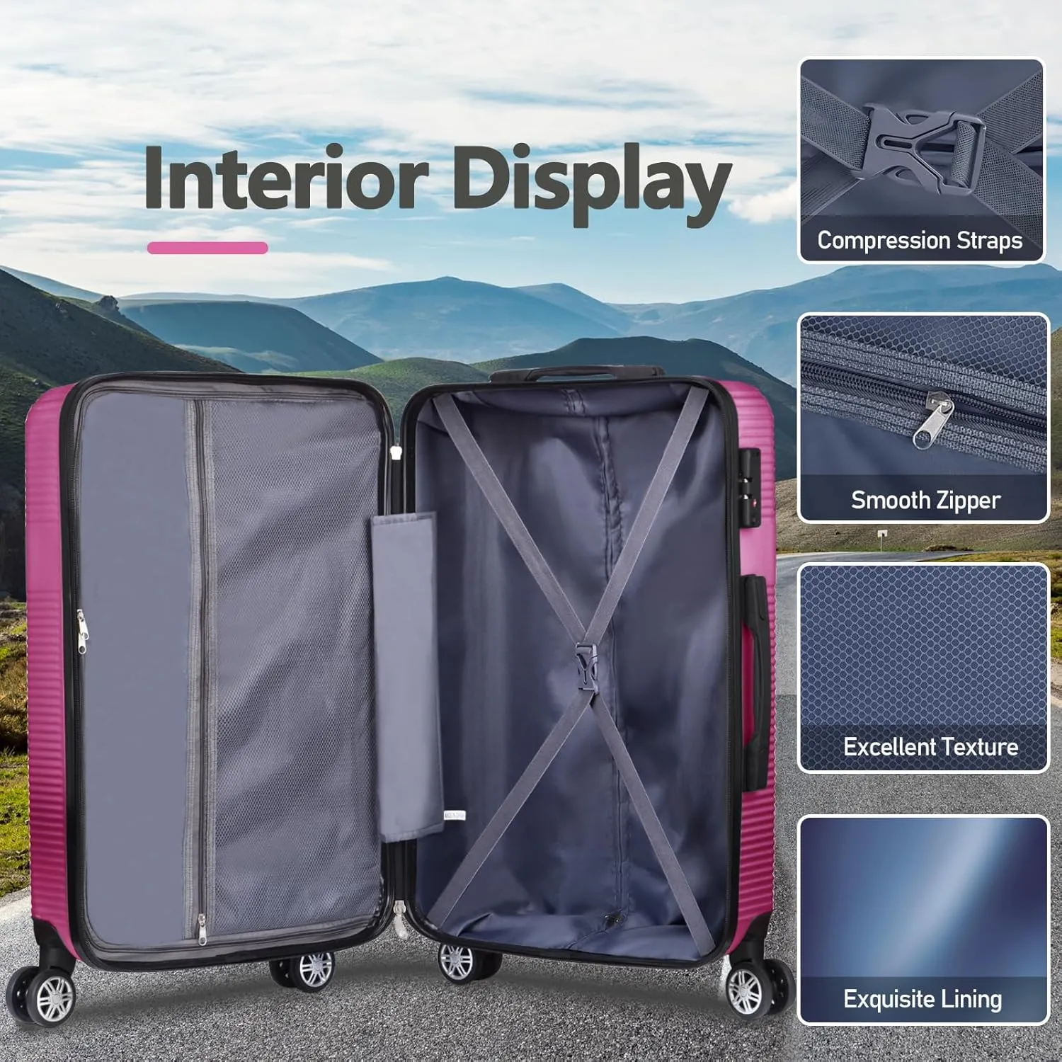 24 Inch Luggage with Spinner Wheels,Lightweight Hardside Medium Checked Suitcase for Travel, Hardshell Carry On Suit Case 24",Rose Red