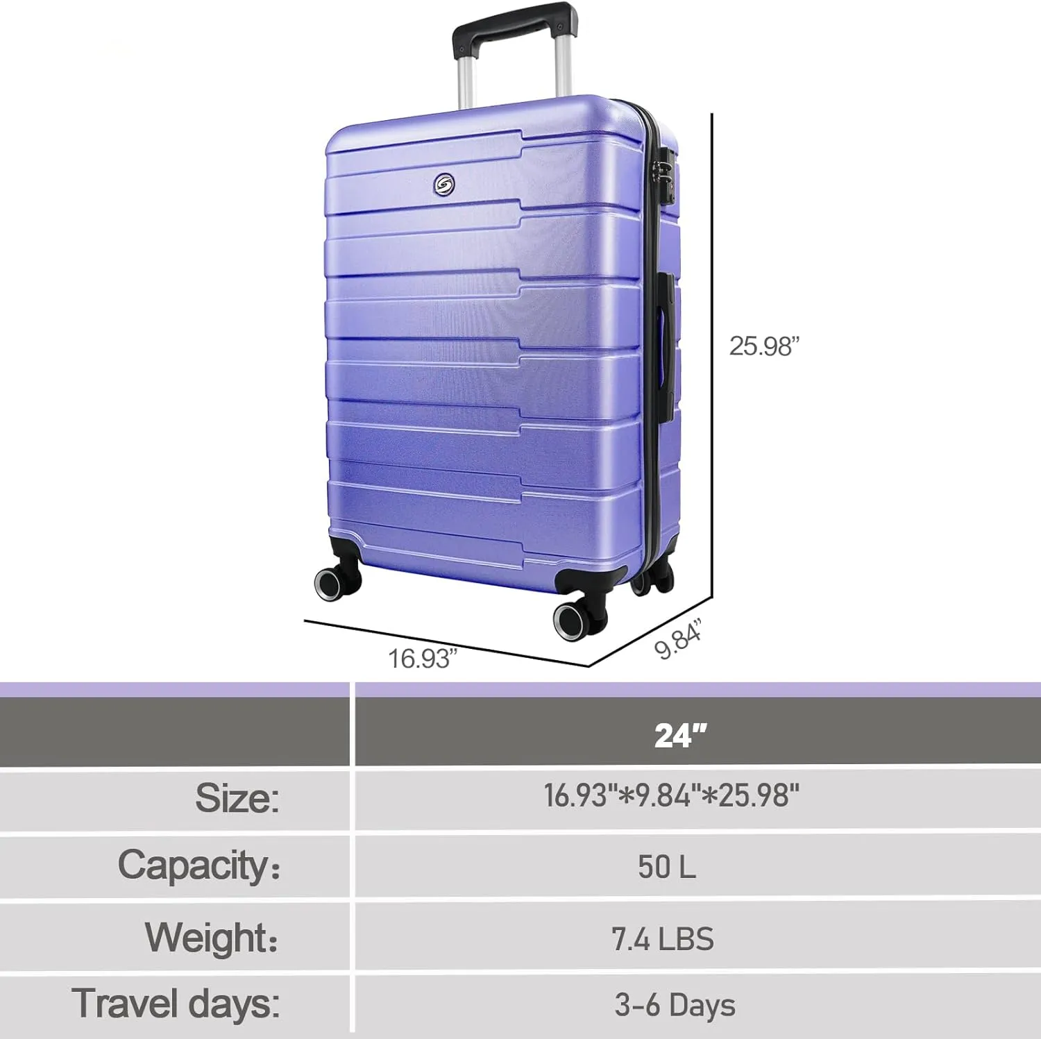 24" Hard Shell Luggage with Spinner Wheels,Lightweight Travel Suitcase for Women,Checked-Medium Luggage 24-Inch,Lavender purple