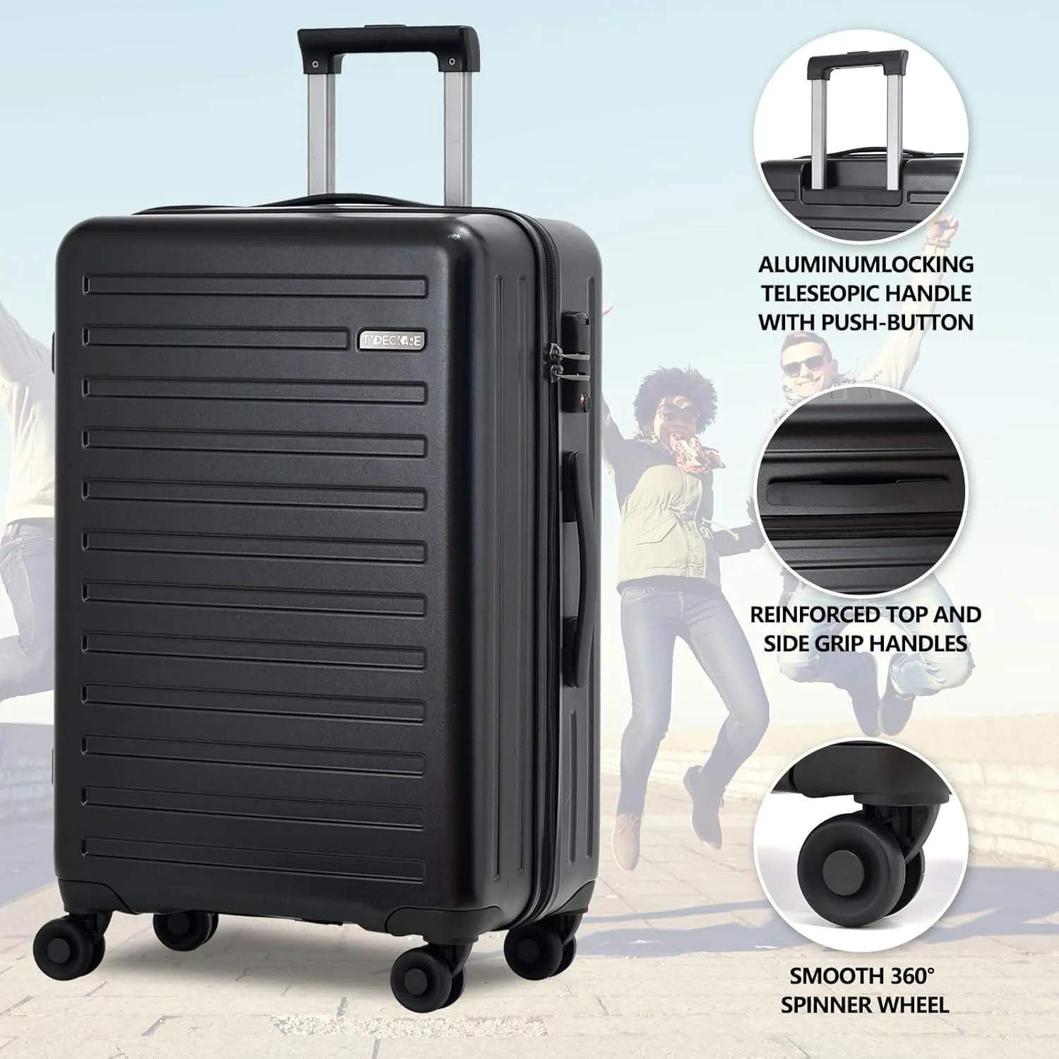 2pcs 20/28" Luggage Set Lightweight HardShell, Only 20 Inch Carry On 21.65*15.35*7.87" Cabin Suitcase with Front Pocket, 28 Inch 19.68*11.81*29.92" Checked Luggage, YKK Zipper, TSA Lock, Black