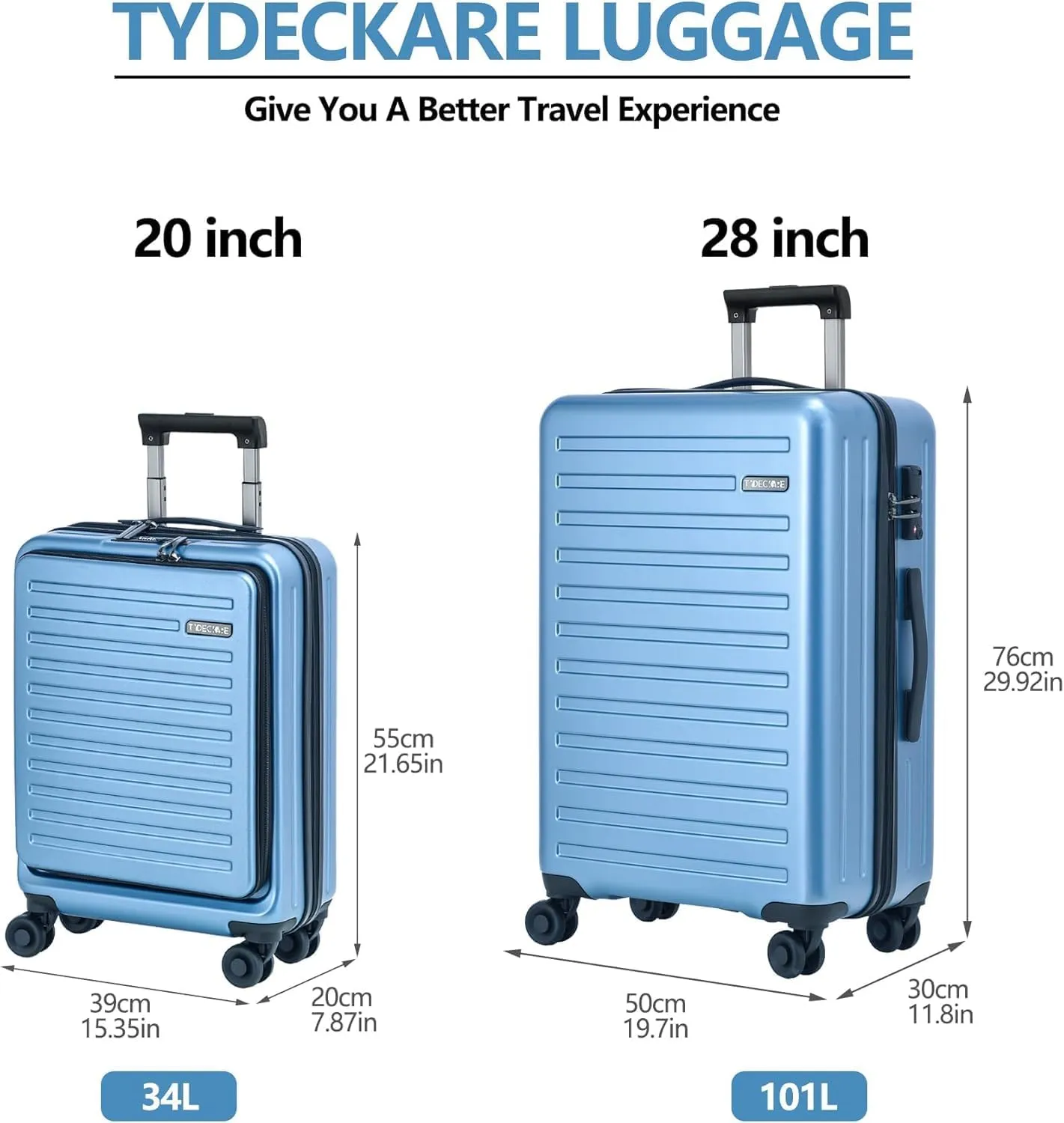 2pcs 20/28" Luggage Set Lightweight HardShell, Only 20 Inch Carry On 21.65*15.35*7.87" Cabin Suitcase with Front Pocket, 28 Inch 19.68*11.81*29.92" Checked Luggage, YKK Zipper, TSA Lock, Blue
