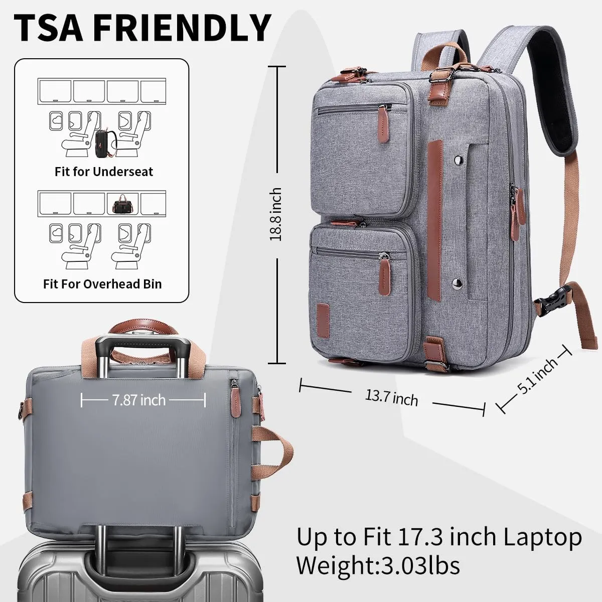 3 in 1 Computer Bag for Men, 17.3 Inch Laptop Backpack, Work Bag for Men, Laptop Bag,Grey