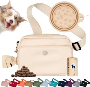 3-in-1 Crossbody Dog Walking Bag & Treat Pouch for Pet Training - Matching Compostable Poop Bags, Built-In Poop Bag Dispenser & Slow-Feeding Travel Bowl (Vanilla Cream)