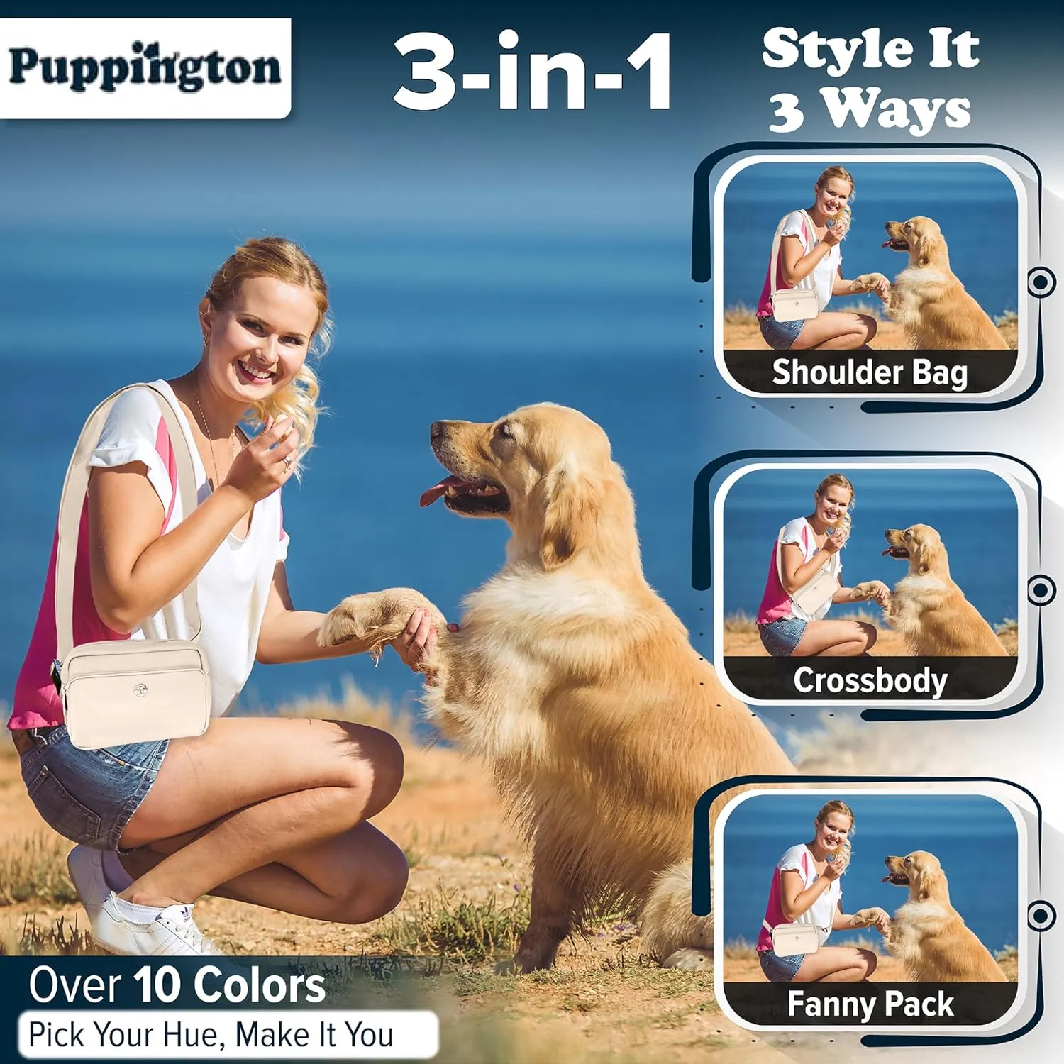 3-in-1 Crossbody Dog Walking Bag & Treat Pouch for Pet Training - Matching Compostable Poop Bags, Built-In Poop Bag Dispenser & Slow-Feeding Travel Bowl (Vanilla Cream)