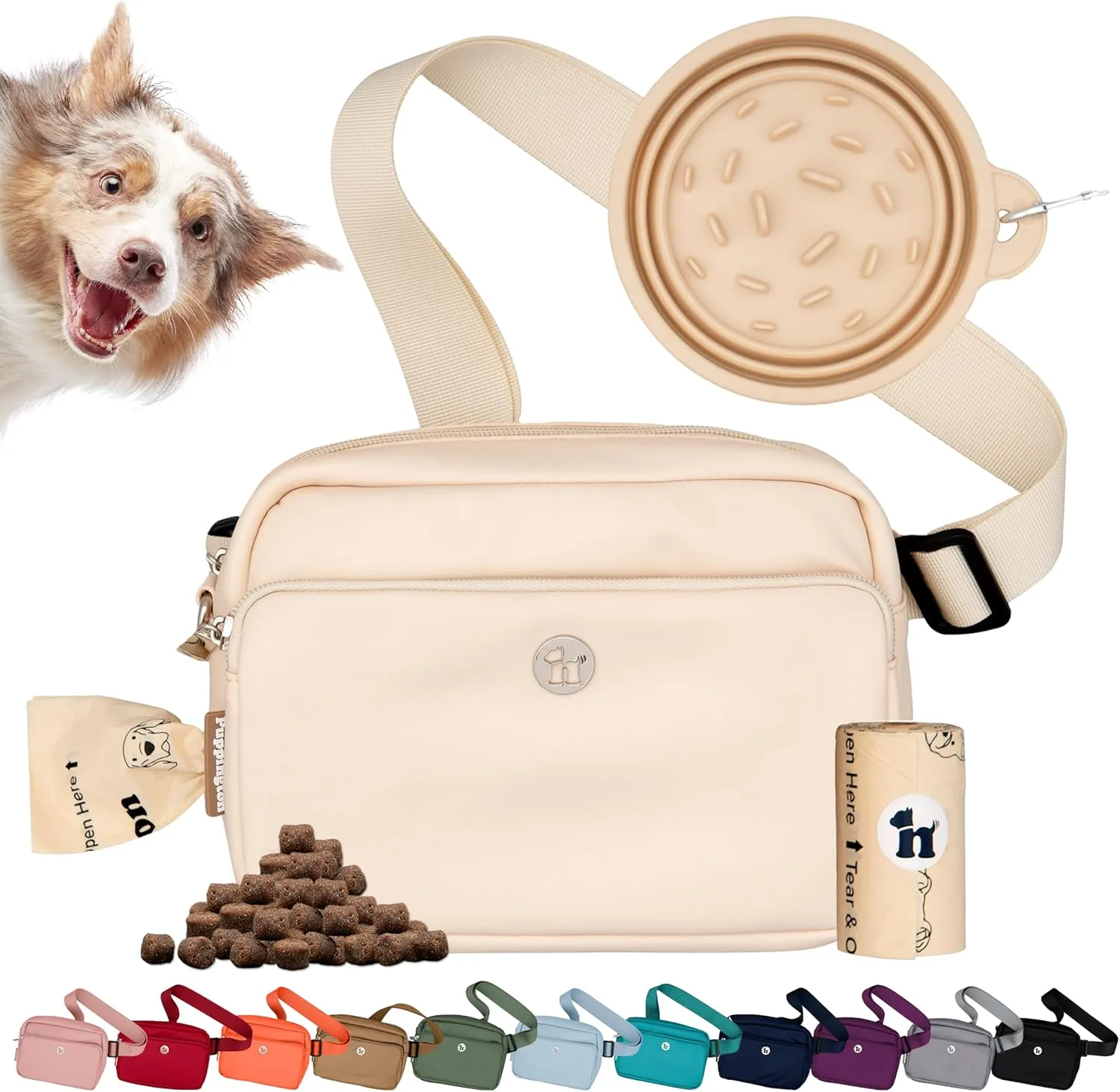 3-in-1 Crossbody Dog Walking Bag & Treat Pouch for Pet Training - Matching Compostable Poop Bags, Built-In Poop Bag Dispenser & Slow-Feeding Travel Bowl (Vanilla Cream)