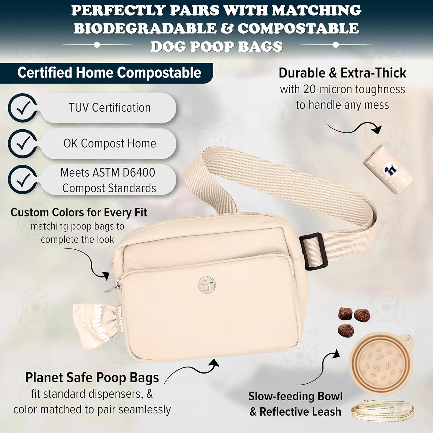 3-in-1 Crossbody Dog Walking Bag & Treat Pouch for Pet Training - Matching Compostable Poop Bags, Built-In Poop Bag Dispenser & Slow-Feeding Travel Bowl (Vanilla Cream)