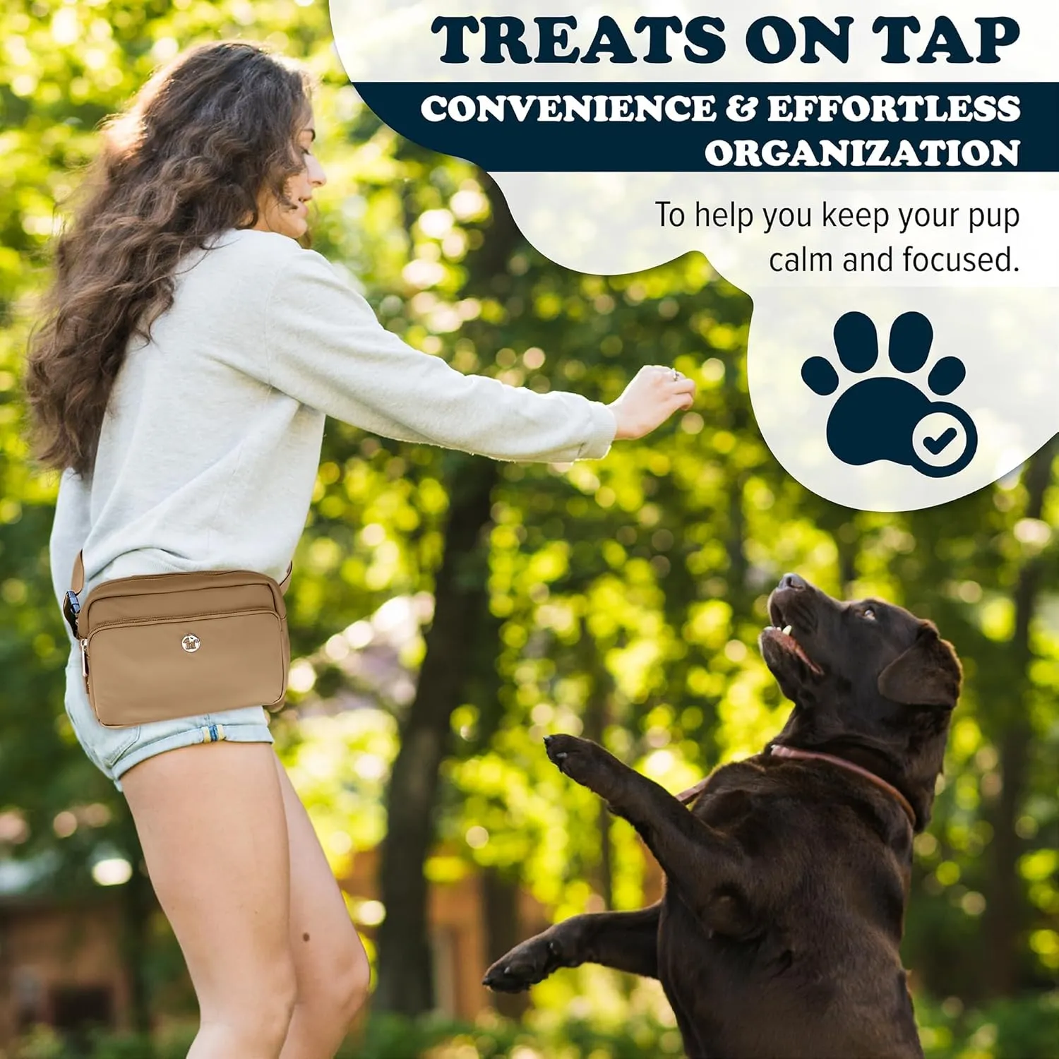 3-in-1 Crossbody Dog Walking Bag & Treat Pouch with Matching Planet Safe Poop Bags & Built-In Dispenser - Dog Mom Gift for Puppy Training with Zippered Pockets (Latte Beige)